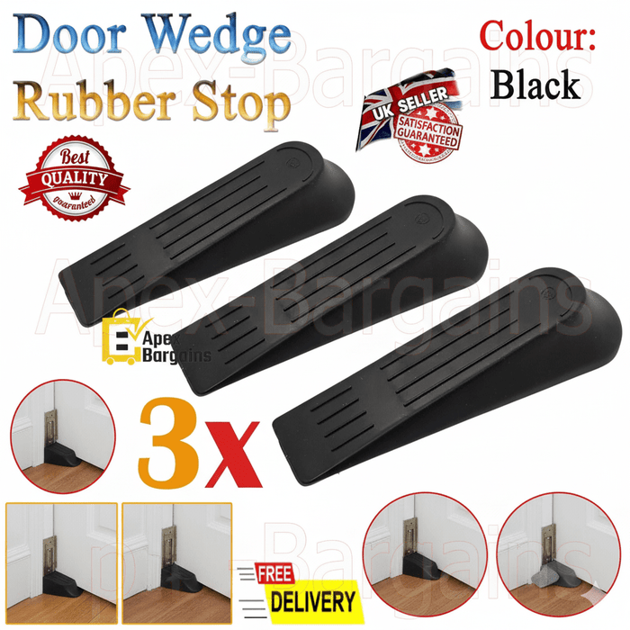 DOOR STOPPER STOP DOOR WEDGE JAM BLOCK HOME OFFICE BLACK 3PK
