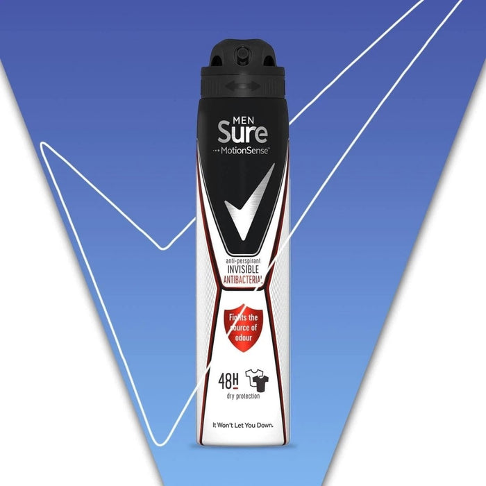6x 250ml Sure Men INVISIBLE Antibacterial Odour Protection Anti-Perspirant Spray