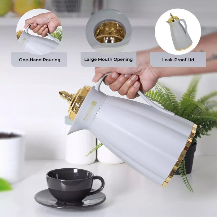 Thermos Glass Vacuum Flask Jug Tea Coffee Hot Drink Camping Jug Airpot Grey, 1L