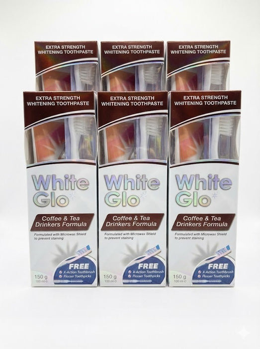 6x White Glo Coffee & Tea Whitening Toothpaste 150g Extra Strength + Toothbrush