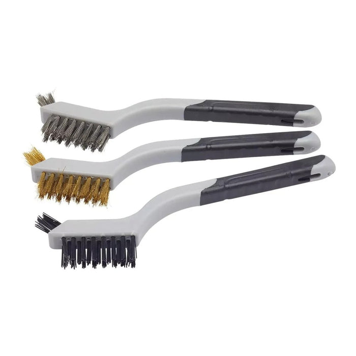 FFJ Wire Brush 3 Piece Soft Grip Mini Tooth Brush Siz 1x Brass 1x Nylon 1x Steel