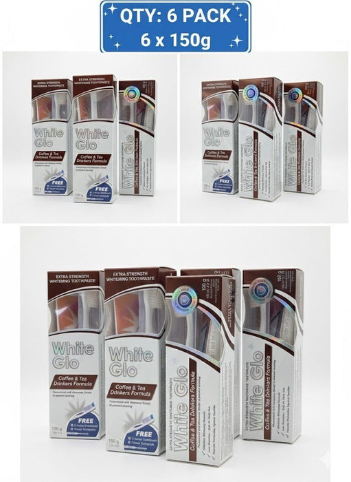 6x White Glo Coffee & Tea Whitening Toothpaste 150g Extra Strength + Toothbrush