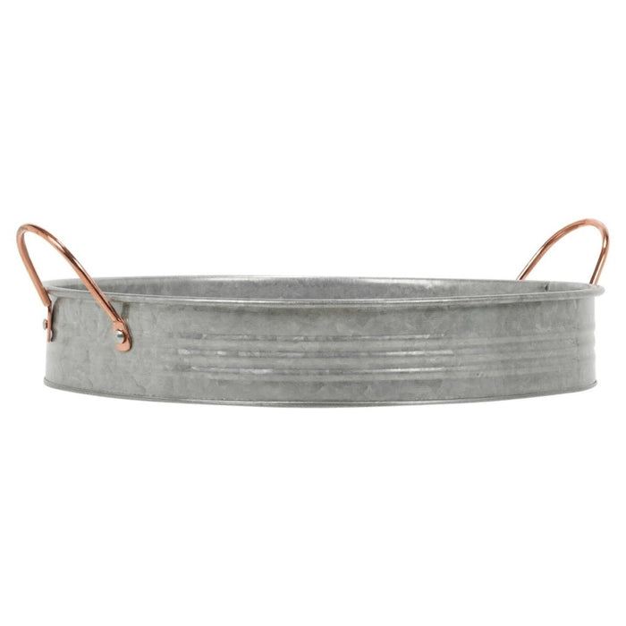 Large Round Galvanised Zinc Metal Rustic Serving Tray Platter w/ Copper Handles