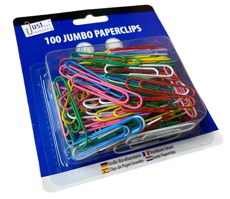 100 Jumbo Large Coloured Paper Clips Office School Home Stationery