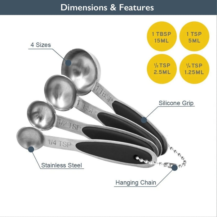 Stainless Steel Set of 4 Measuring Spoons / Dry And Liquid Soft Grip Ingredients