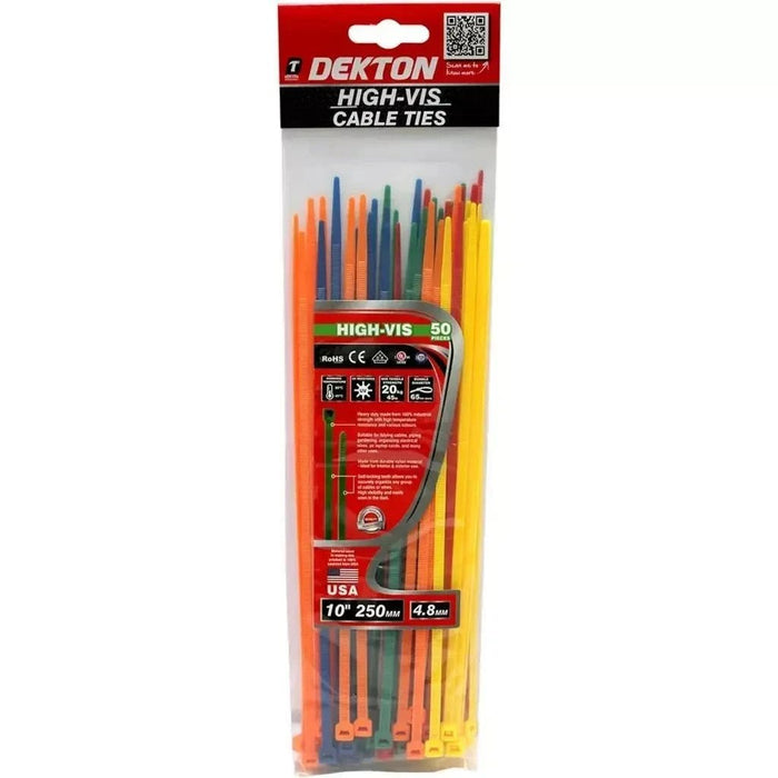 50 Cable Ties High-Vis Cable Ties  Mixed Colours - 250mm Length  20KG strength