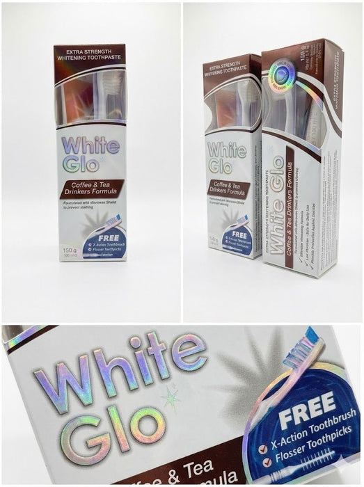 6x White Glo Coffee & Tea Whitening Toothpaste 150g Extra Strength + Toothbrush