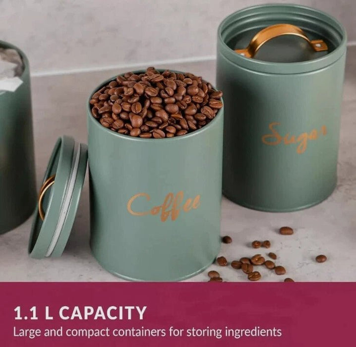 Ivy Tea Coffee Sugar Canisters Kitchen Storage Set Air Tight Lid Jars Tin