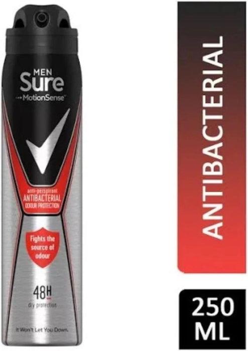 6 x 250ml Sure Men Antibacterial Odour Protection Anti-Perspirant Deodorant