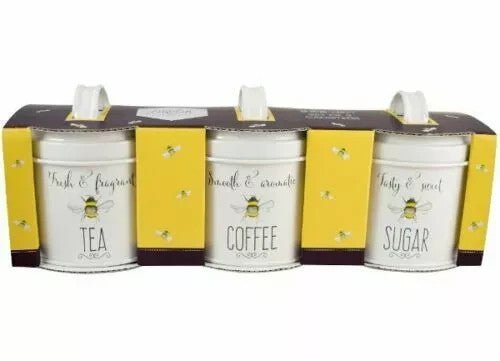 BEE HAPPY Cream TEA COFFEE SUGAR Storage TINS SET Kitchen Canisters