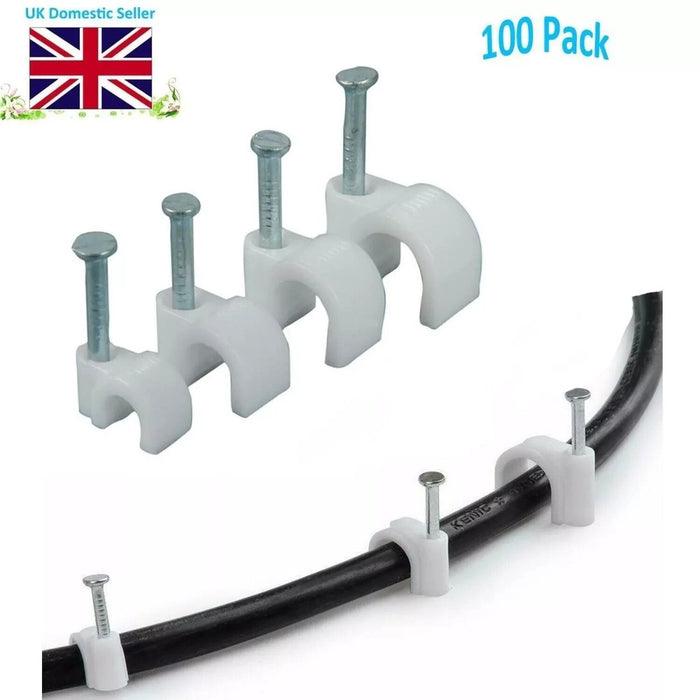 100 White Round Cable Clips - 6mm 8mm 10mm - Electric Wire Wall Tacks