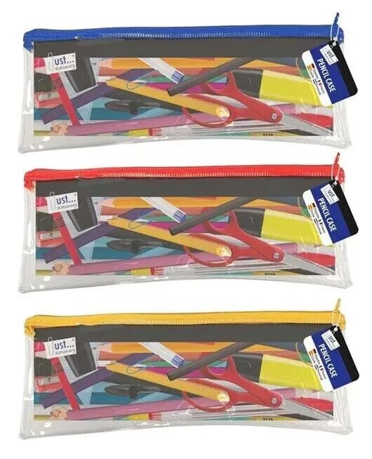 3 Pcs CLEAR EXAM 13" PENCIL CASE Coloured Zips Pen Office Stationery Kids School