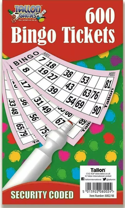 600 Bingo Game Single Ticket Card Flyer Coded Tickets 6 to View Various Colours