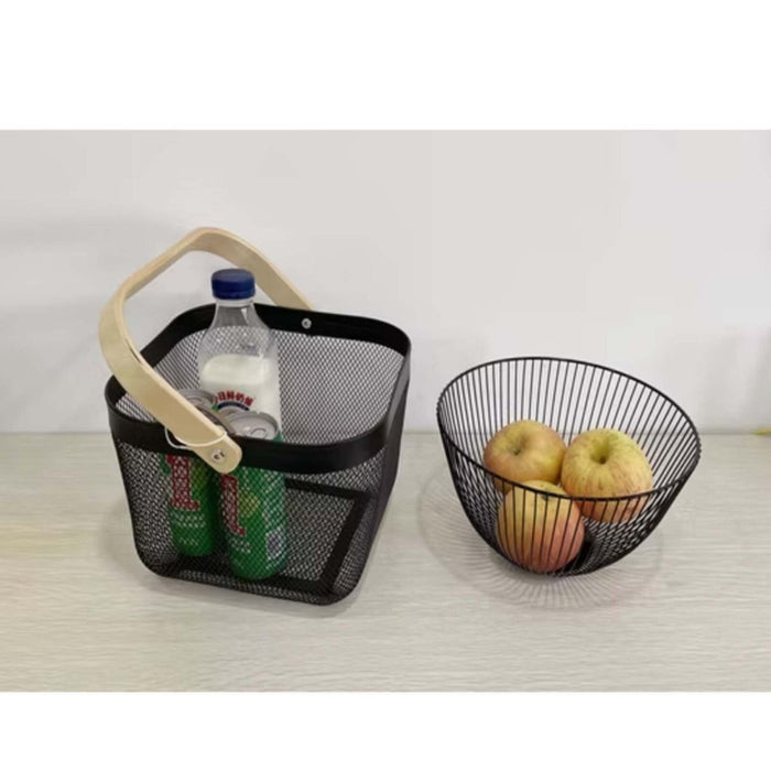 Metal Wire Mesh Fruit Basket Bin Wooden Handle Kitchen Storage Organizer - Black