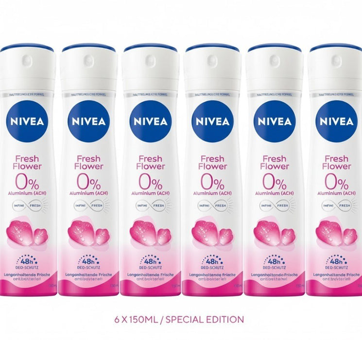 6x 150ml NIVEA Fresh Flower Gentle Care, Antibacterial Deodorant spray 0% Almuni