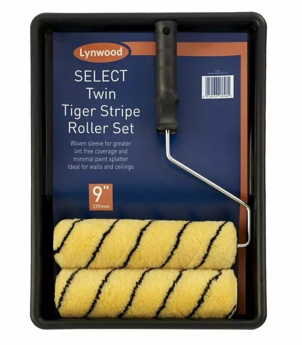 Lynwood Twin Tiger Stripe Roller Paint Tray Set 9" Woven Sleeve Large Pile Kit