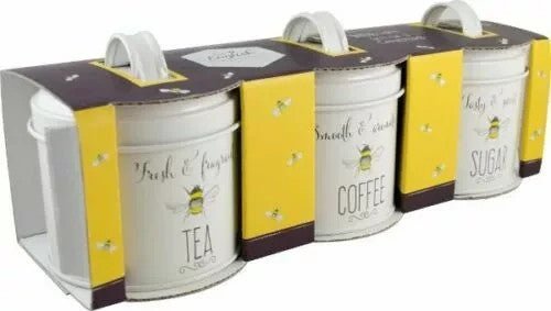 BEE HAPPY Cream TEA COFFEE SUGAR Storage TINS SET Kitchen Canisters
