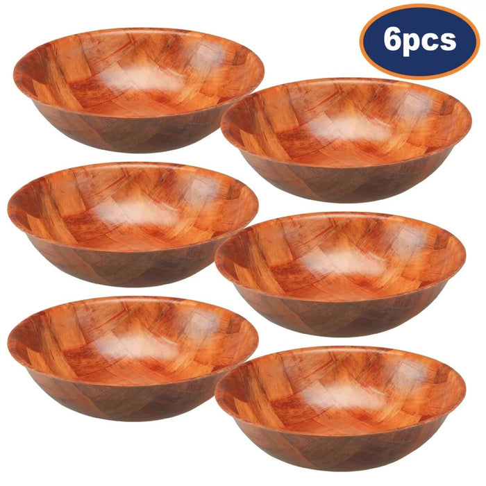 6x Wooden Woven Bowls 25cm Round Fruit Salad Snack Serving Table Decor