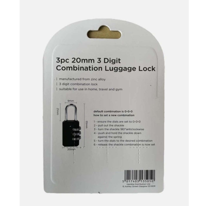 3pcs Combination Lock 20mm 3 Digit Luggage Suitcase Travel Security Padlock Set.