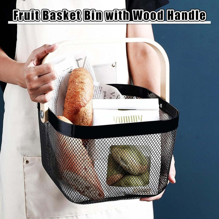 Metal Wire Mesh Fruit Basket Bin Wooden Handle Kitchen Storage Organizer - Black