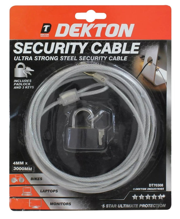 3M DEKTON SECURITY CABLE AND LOCK PADLOCK BIKE MOTORBIKE OR SECURITY CHAIN