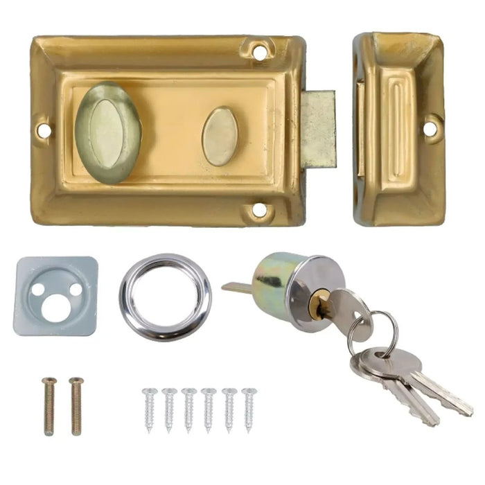 Brass Finish Door Lock Night Latch Rim Type Cylinder Security Latch 3 Keys