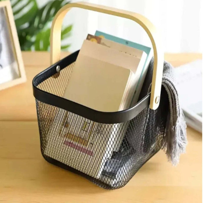 Metal Wire Mesh Fruit Basket Bin Wooden Handle Kitchen Storage Organizer - Black