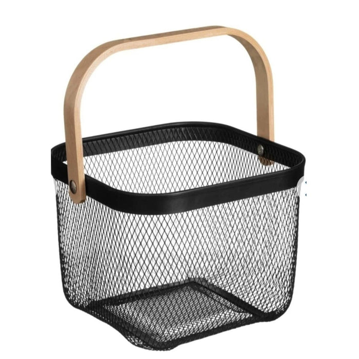 Metal Wire Mesh Fruit Basket Bin Wooden Handle Kitchen Storage Organizer - Black