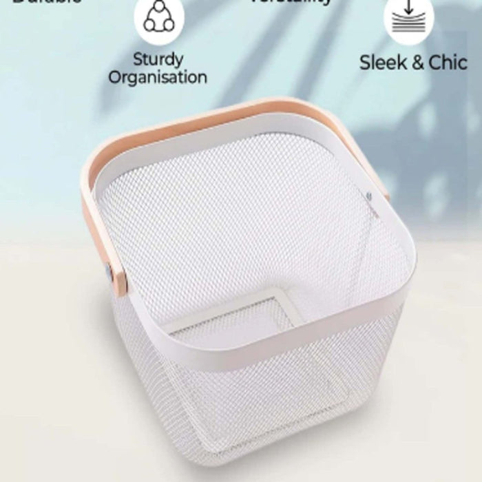 Metal Wire Mesh Fruit Basket Bin Wooden Handle Kitchen Storage Organizer -Almond