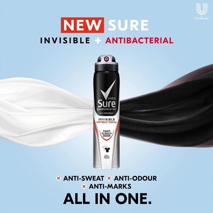 6x 250ml Sure Men INVISIBLE Antibacterial Odour Protection Anti-Perspirant Spray