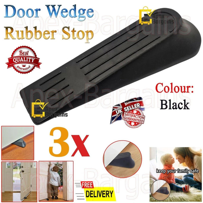 DOOR STOPPER STOP DOOR WEDGE JAM BLOCK HOME OFFICE BLACK 3PK