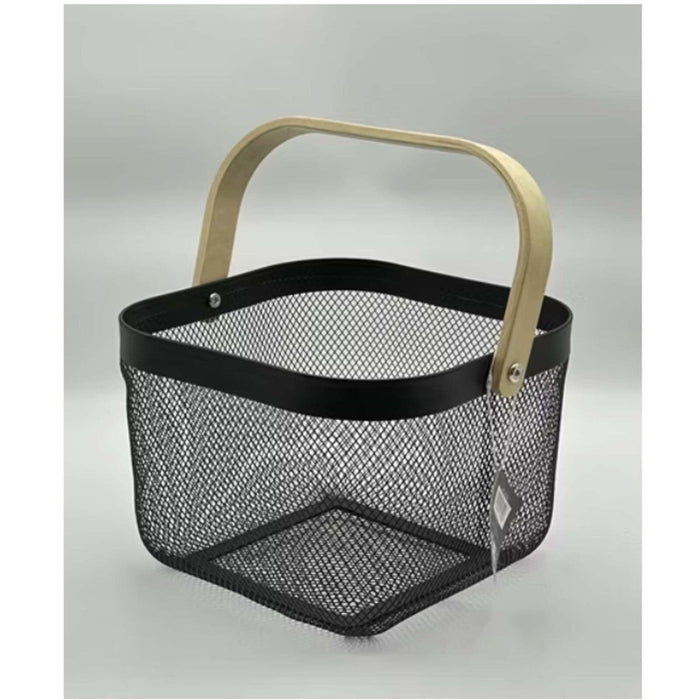 Metal Wire Mesh Fruit Basket Bin Wooden Handle Kitchen Storage Organizer - Black