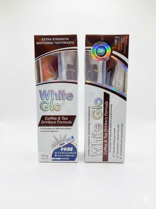 6x White Glo Coffee & Tea Whitening Toothpaste 150g Extra Strength + Toothbrush