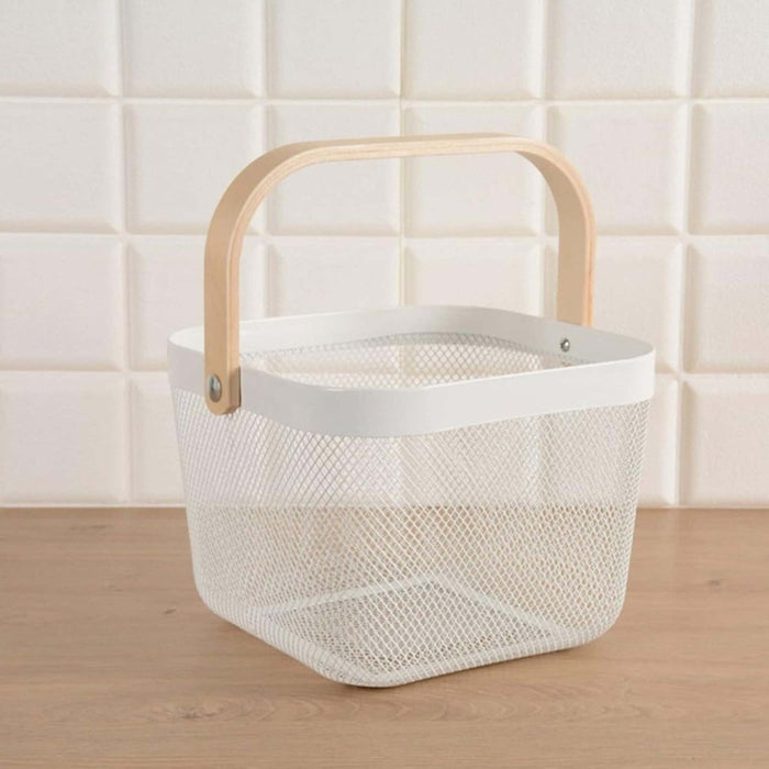 Metal Wire Mesh Fruit Basket Bin Wooden Handle Kitchen Storage Organizer -Almond