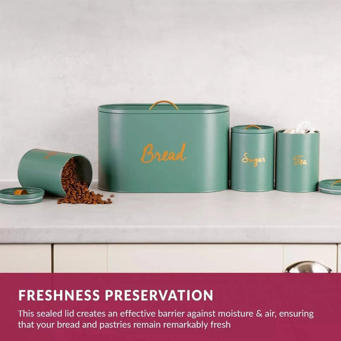 Apollo Kitchen Storage Set - Ivy Green Bread Bin & Tea Coffee Sugar Jars