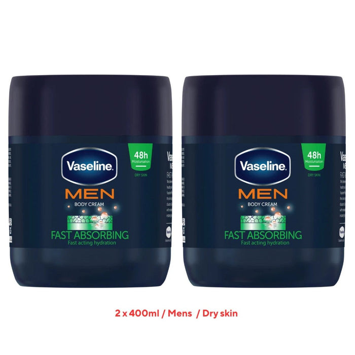 2 x 400ml Vaseline Men Fast Absorbing Body Cream - For Dry Skin - 48h Non Greasy