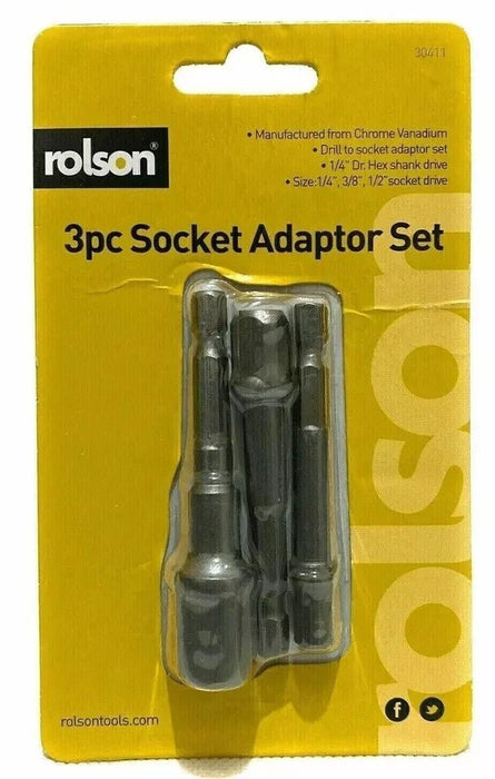 Rolson Socket Adaptor Hex Shank DIY Repair Vanadium Drive 3pc