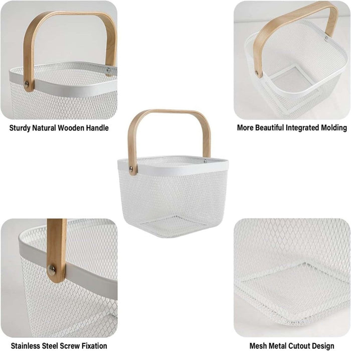 Metal Wire Mesh Fruit Basket Bin Wooden Handle Kitchen Storage Organizer -Almond