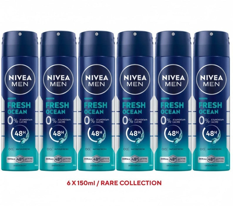 6 x 150ml Nivea Men FRESH OCEAN 48h Deodorant body Spray 0% ALUMINIUM - RARE