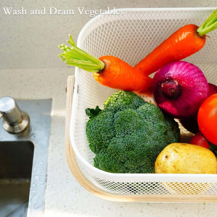 Metal Wire Mesh Fruit Basket Bin Wooden Handle Kitchen Storage Organizer -Almond