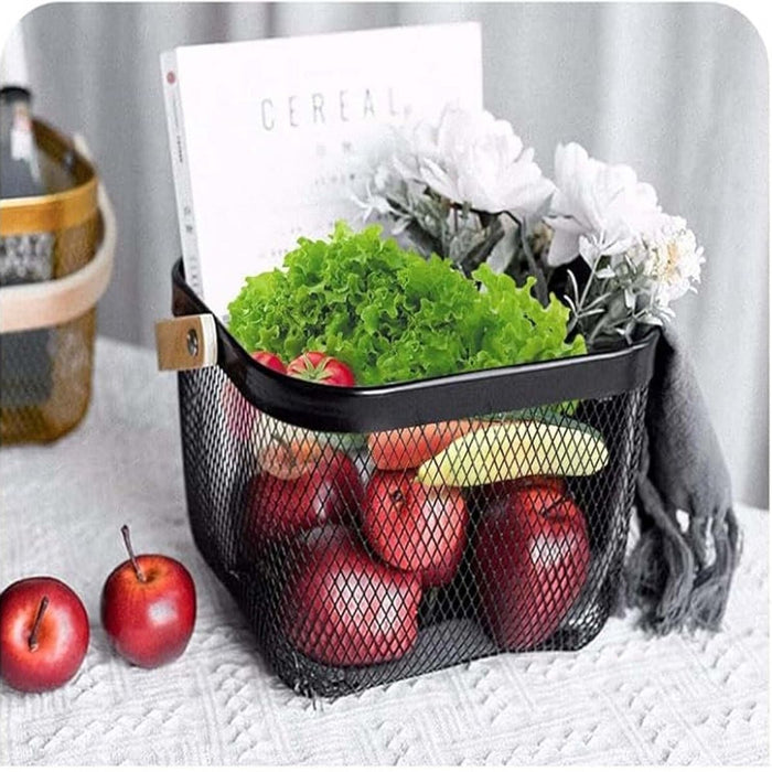 Metal Wire Mesh Fruit Basket Bin Wooden Handle Kitchen Storage Organizer - Black
