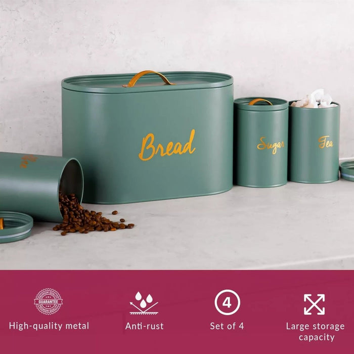 Apollo Kitchen Storage Set - Ivy Green Bread Bin & Tea Coffee Sugar Jars