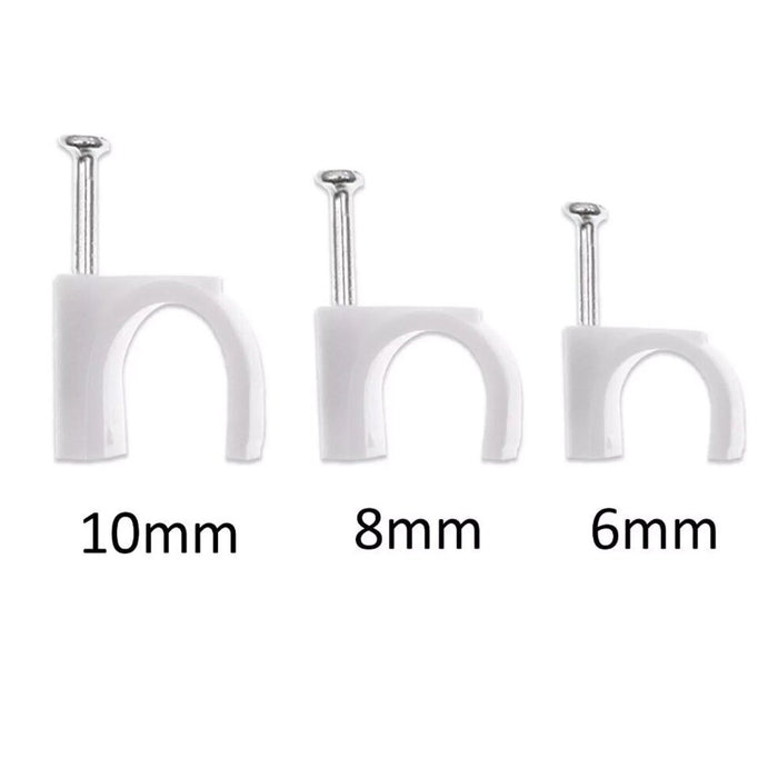 100 White Round Cable Clips - 6mm 8mm 10mm - Electric Wire Wall Tacks