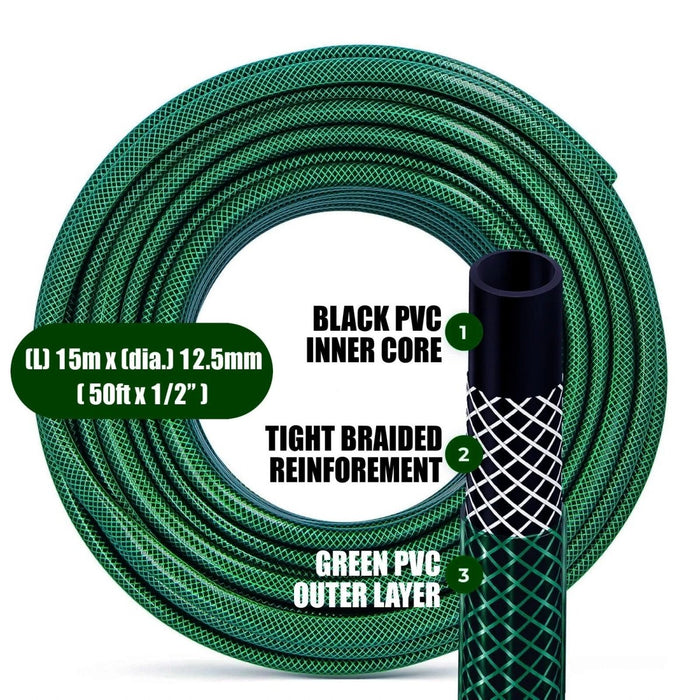 15m Green Garden Hose Pipe - Heavy Duty Reinforced Braided PVC Watering