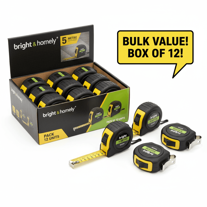Box of 12 Retractable Tape Measures 5M x 18mm with Lock Button Belt Hook  Clear