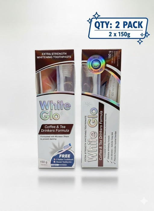 6x White Glo Coffee & Tea Whitening Toothpaste 150g Extra Strength + Toothbrush