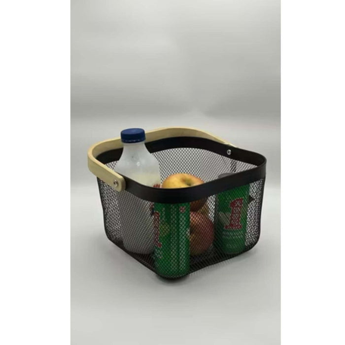 Metal Wire Mesh Fruit Basket Bin Wooden Handle Kitchen Storage Organizer - Black