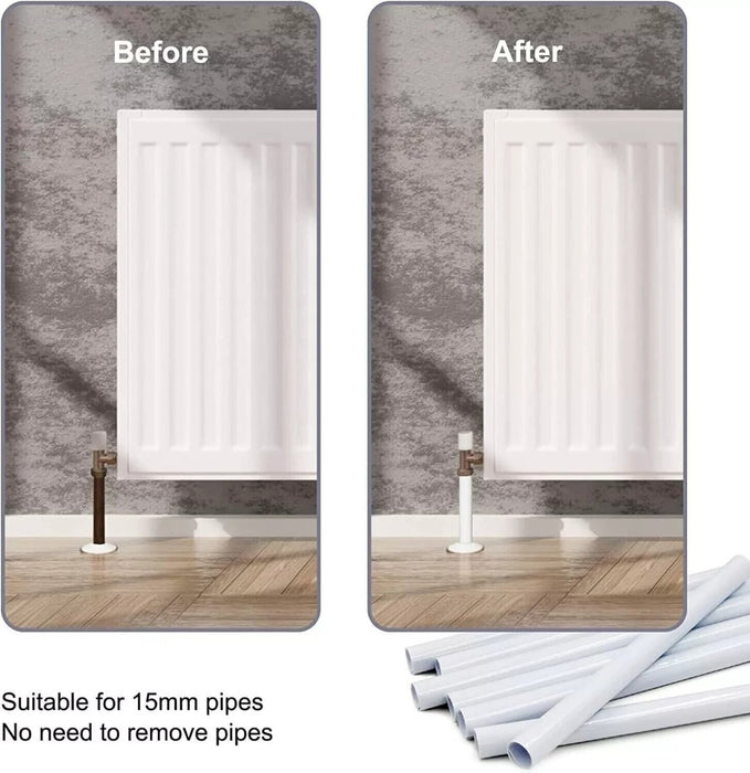 16 x New Radiator Pipe Covers 19.5cm Sleeves Shrouds Snap Around Pipes - White