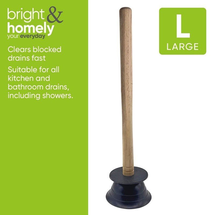 Sink Drain Plunger Unblocker Traditional Wooden Handle and Rubber Medium Large