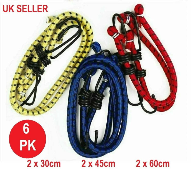 6 Bungee Straps Cords Set With Hooks Elasticated Rope Cord Tie Car Bike Luggage